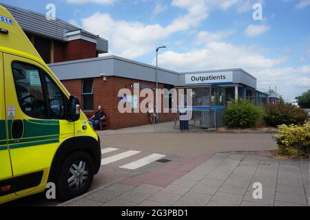 An ambulance waiting at the outpatient`s area of pilgrim hospital. Stock Photo